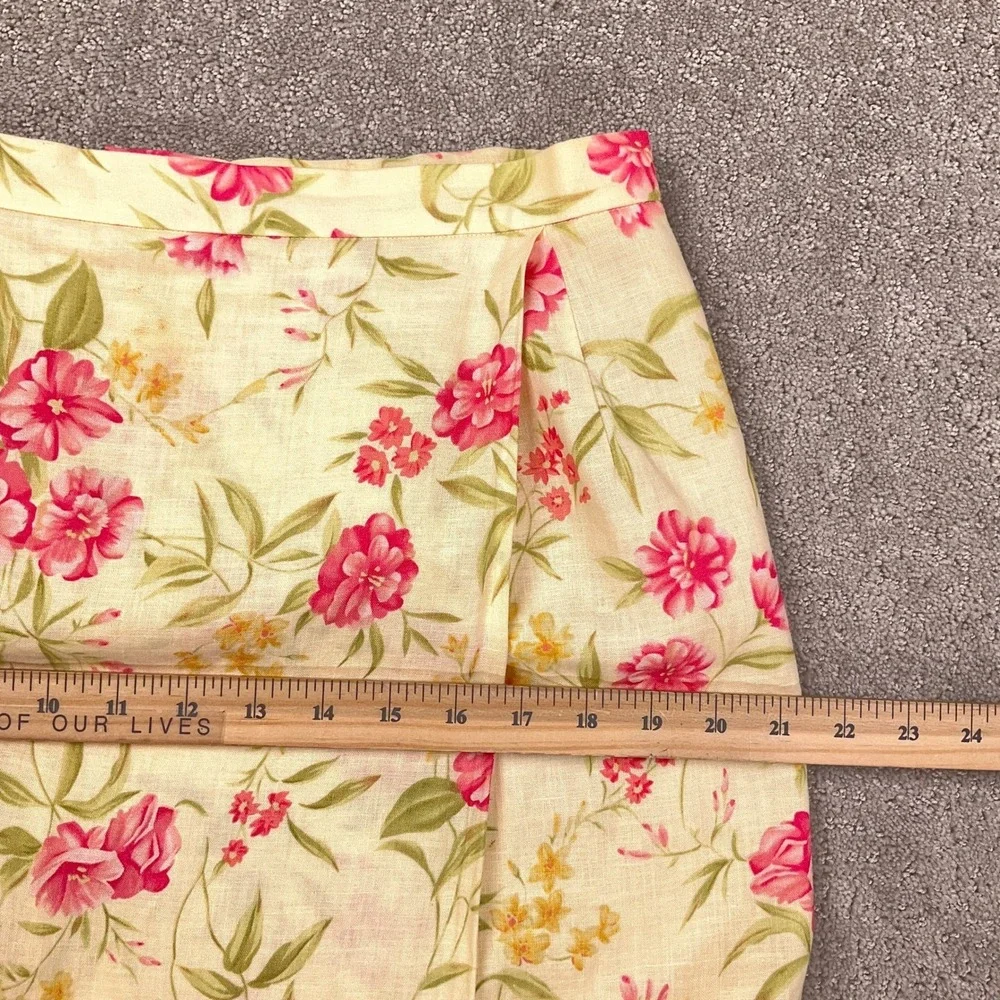 Susan Bristol‎ Skirt Women 12 Yellow Pink Floral Faux Wrap Linen Midi Summer